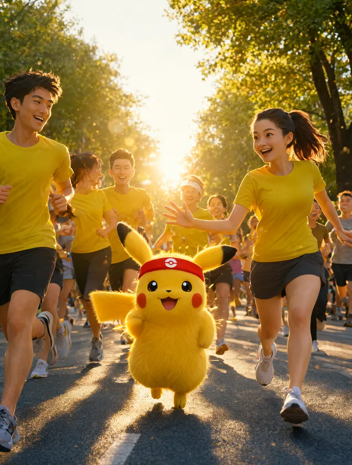 Pikachu running with a pack of marathon runners