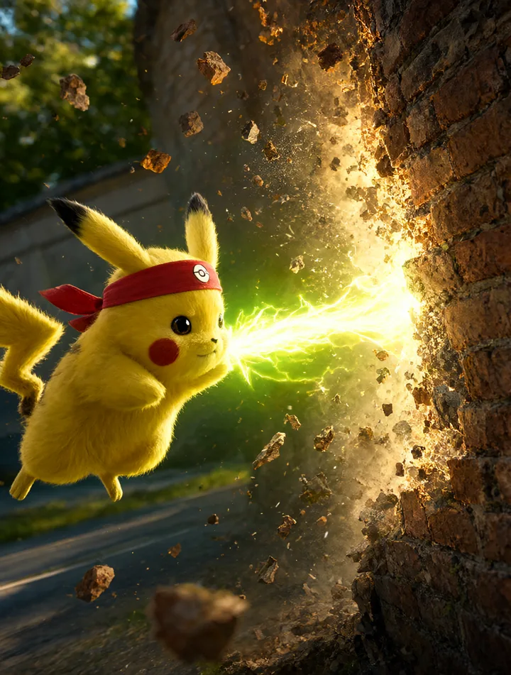 Pikachu blasting lightning through a brick wall